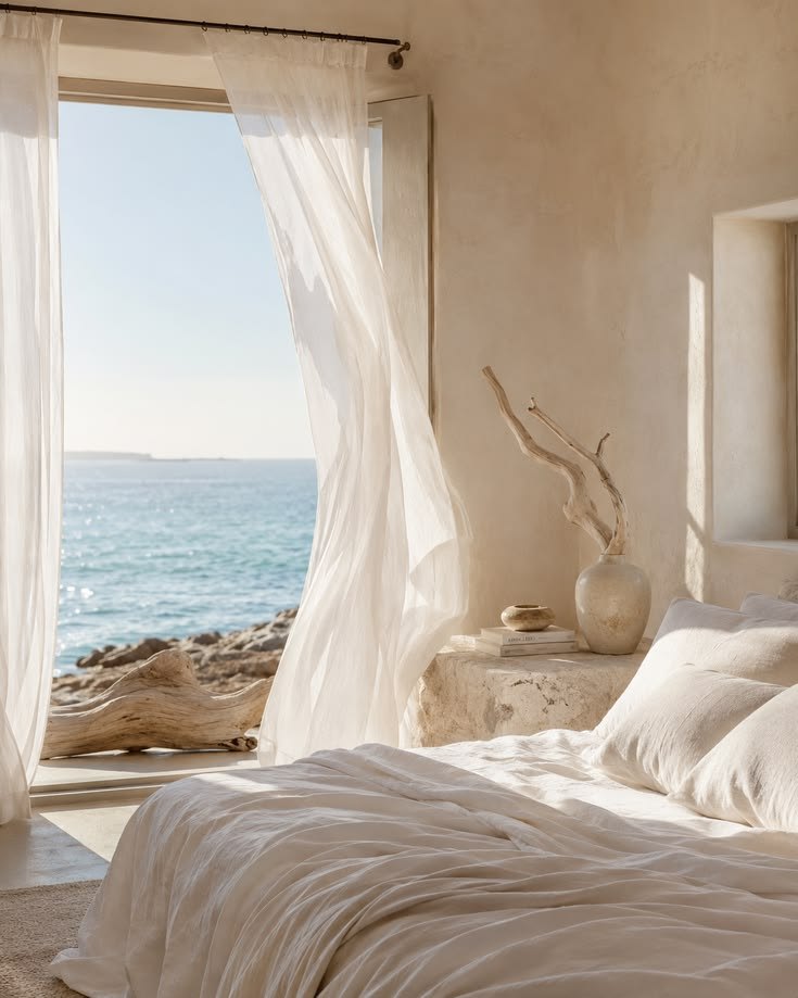 A white linen bedroom, sheer curtains lifting at a window open to the sea