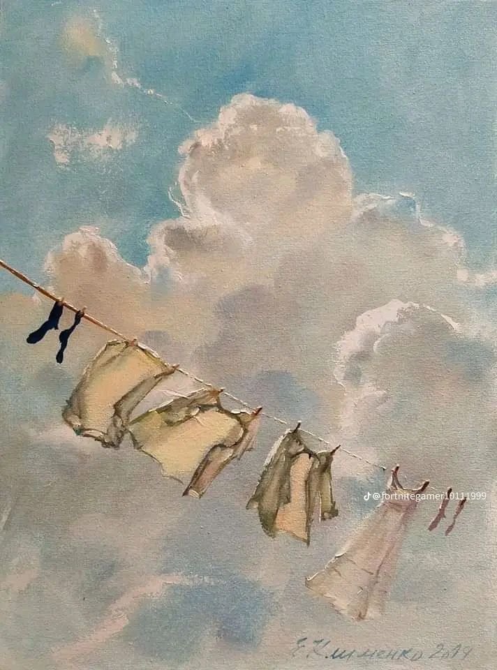 A watercolour of linen drying on a line against summer clouds