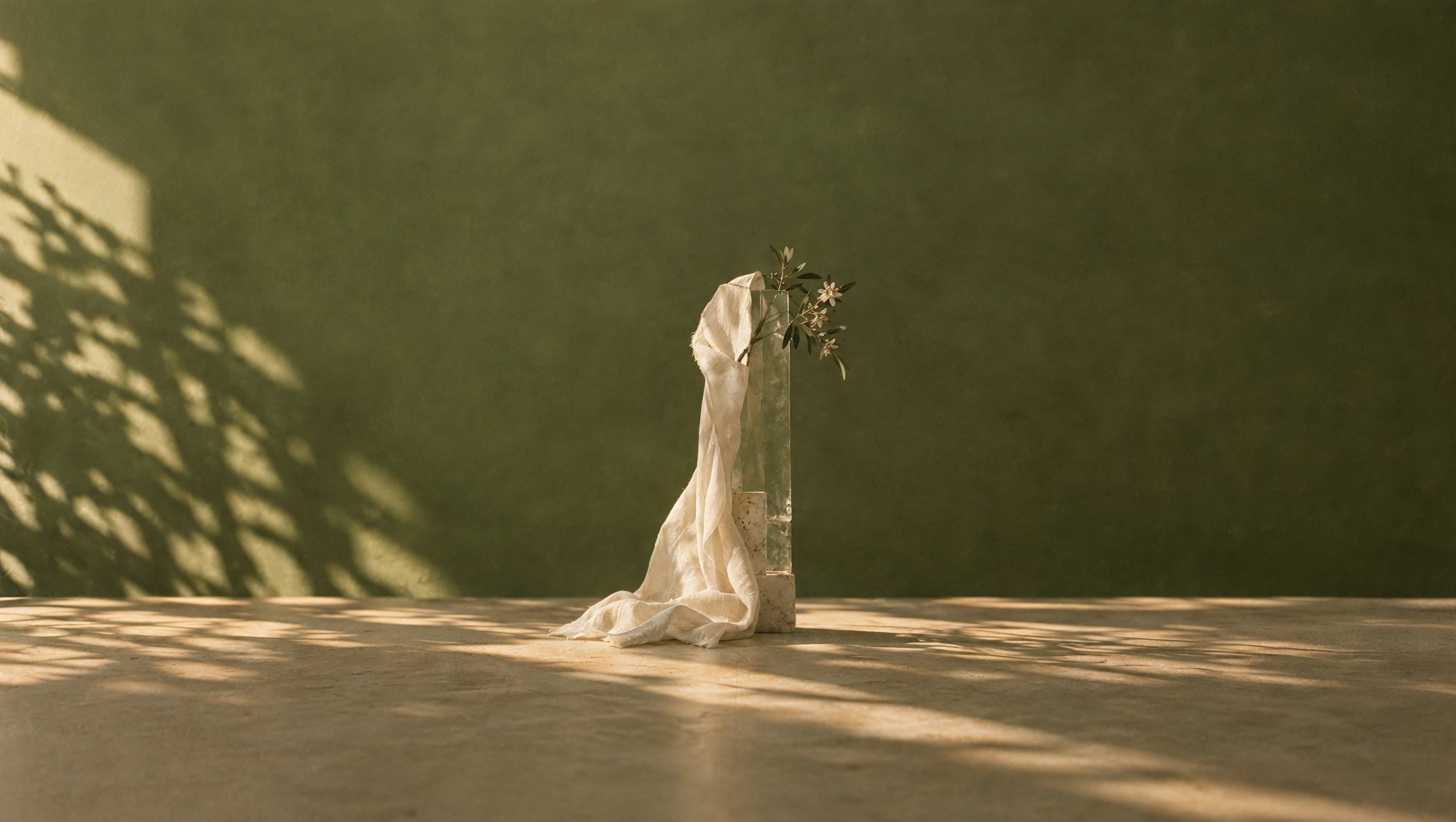 A cream linen cloth draped over a glass vase with an olive sprig, on travertine blocks against an olive-green wall in late sun