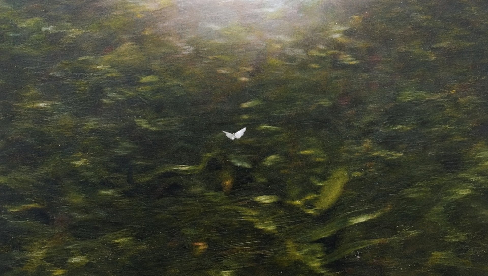A painting of a white butterfly over a dark green meadow in soft light