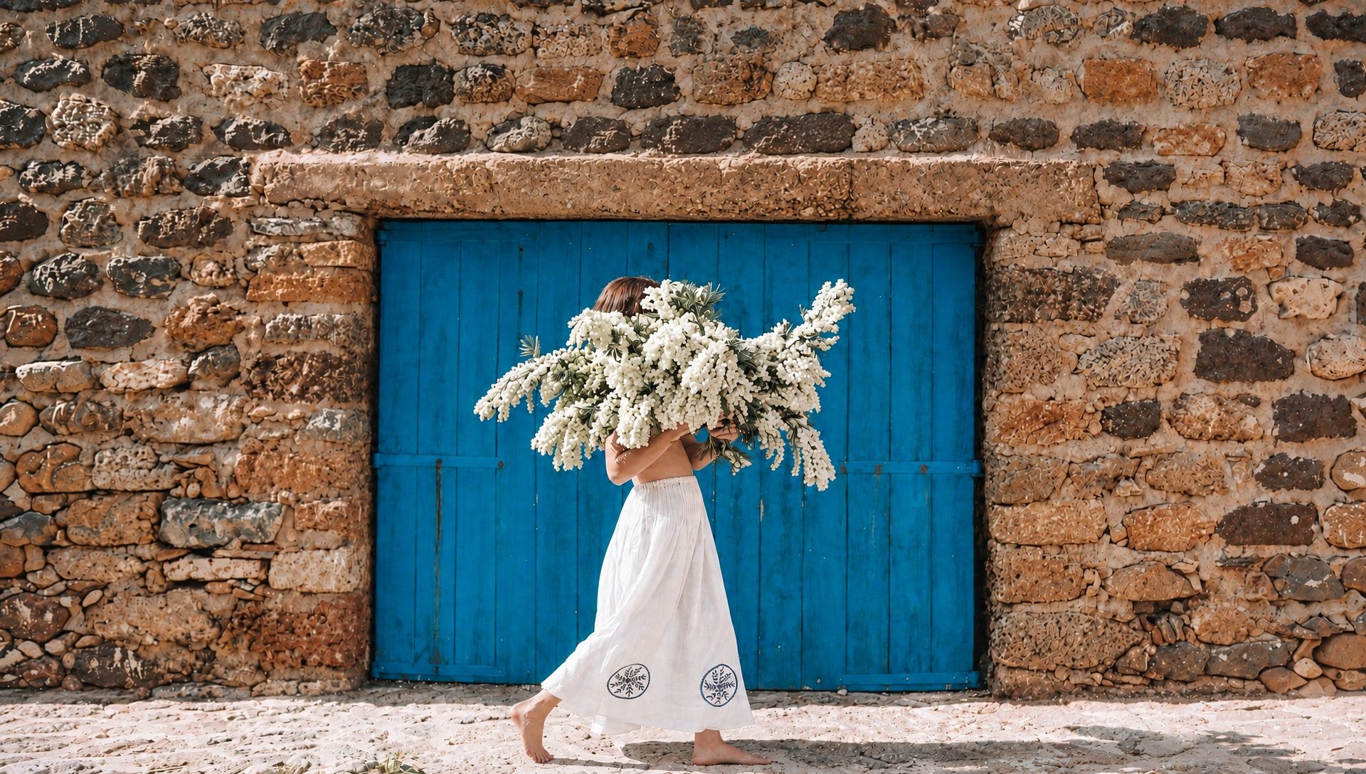 A woman in the white Josefina Skirt, its two embroidered medallions at the hem, walks barefoot past a blue wooden door in a stone wall, carrying an armful of white blossom
