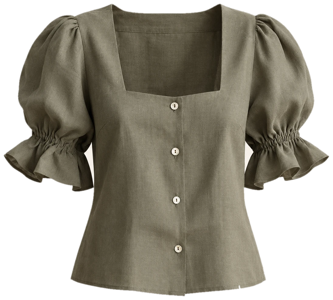 The Clara Blouse in olive linen, square neckline and puff sleeves, shown as if worn